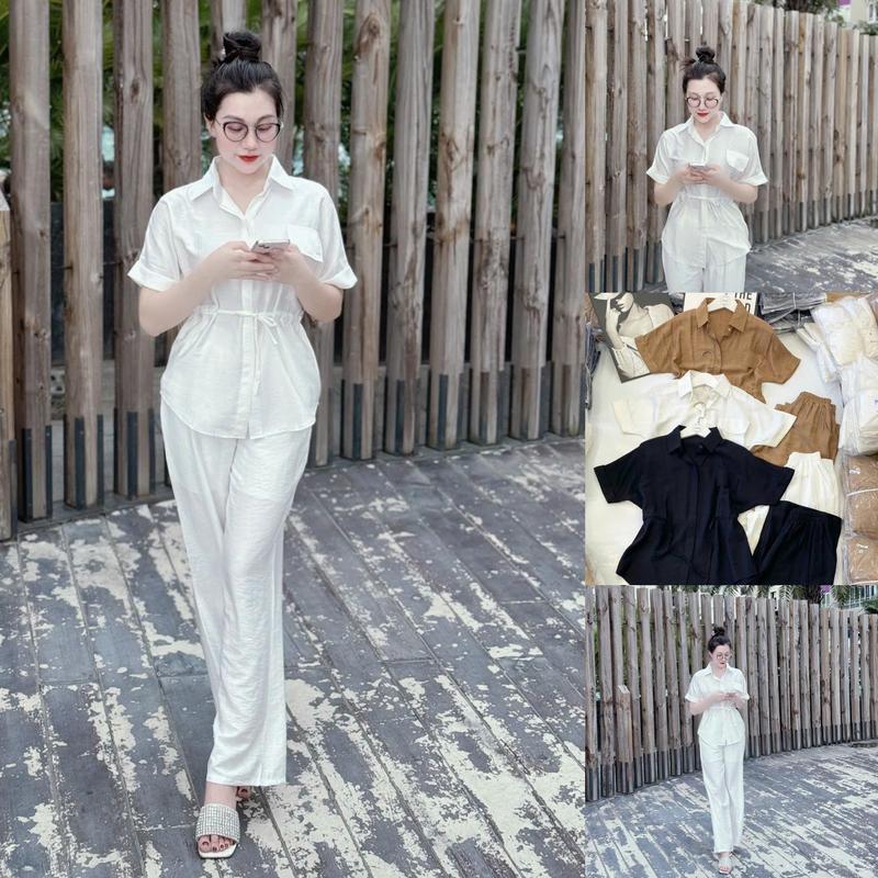 MS193- Set set sơ mi tay ngắn. dây rút eo, quần dài ống rộng có bigsize
