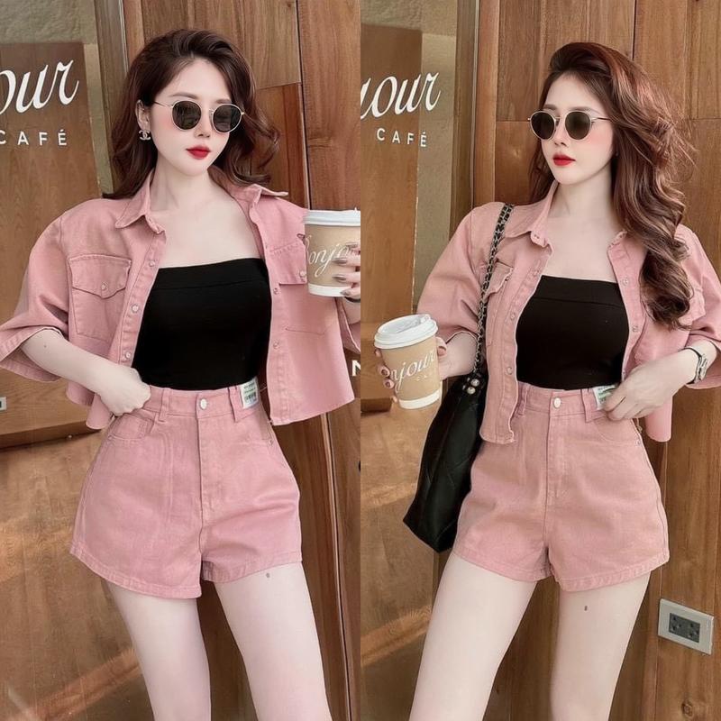 Set bộ nữ kaki màu hồng kèm túi thật có lót mix quần ống ôm tôn dáng.xinh xắn cho nàng đi chơi,đi dạo phố