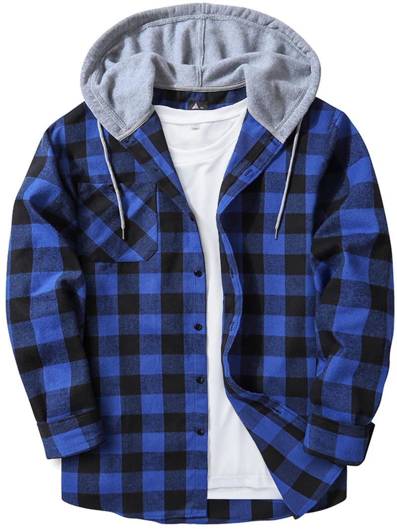 Product Introduction of Men's Plaid Print Button Front Drawstring Hooded Shirt, Regular Fit Casual Longsleeves Pocket Top, Shirts for Men, Graphic Shirts Men's Clothes for Daily Wear, Streetwear, Mens Clothing, Shirts for Men 8