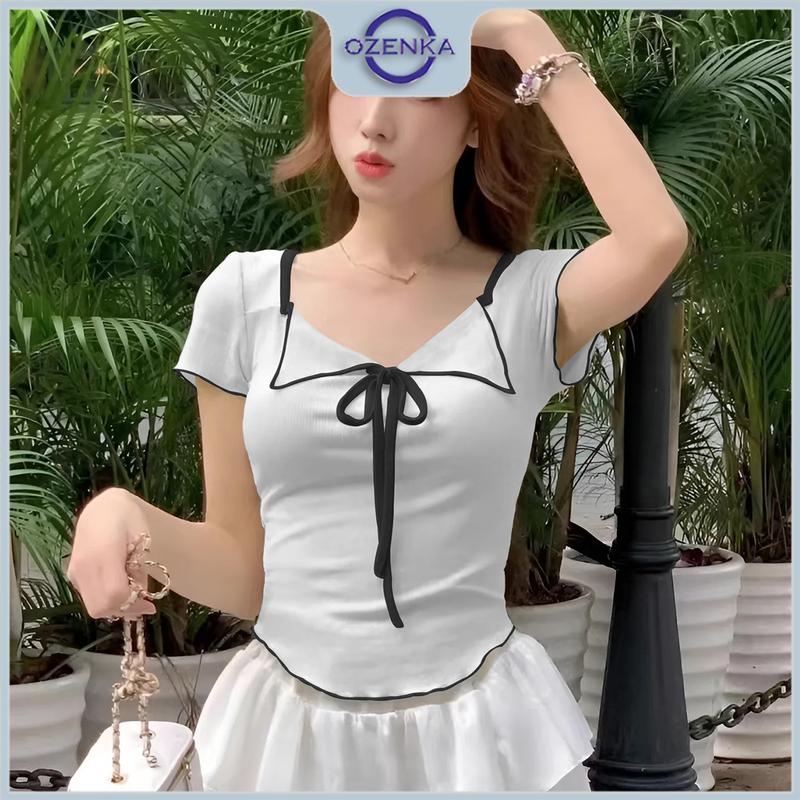 Áo croptop vạt bầu ôm cổ vuông buộc nơ tay ngắn Ozenka , áo baby tee crt kiểu basic xinh sang chảnh mặc đi học đi chơi Nữ Women Kem Voi Shirt Voan Jean