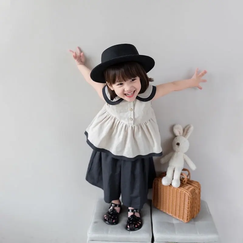 Set áo Sơ Mi cotton Lanh Cổ Búp Bê Không Tay Màu Trơn Kèm Quần ống rộng Thời Trang Mùa Hè Phong Cách Mới Dành Cho Bé Gái Cổ Tròn Shirt set đồ 2