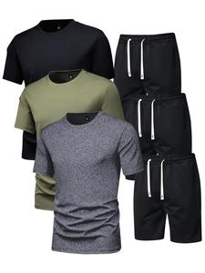 Men's Solid Round Neck Tee & Drawstring Waist Shorts Set, Regular Fit Crew Neck Short Sleeve T-Shirt & Track Shorts, Casual Summer Clothes Set for Men