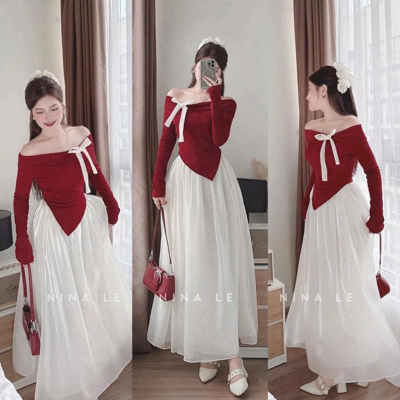 BIGSIZE HIẾU HIẾU (55-95KG) - Set thời trang nữ mùa đông Áo đỏ trễ vai tay dài cột nơ + Chân váy voan dáng dài S458