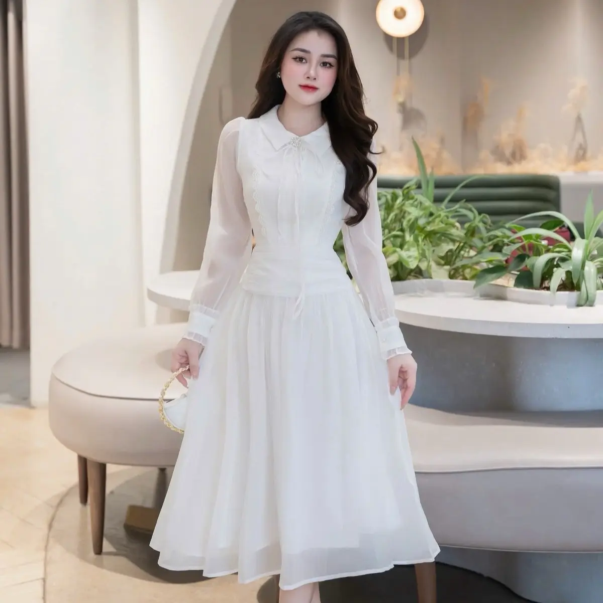 Váy thiết kế tơ bèo viền ren ngực 3 màu SML Women Dress Voi