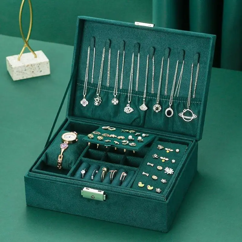 [Có khay Đồng Hồ] Hộp đựng trang sức 2 tầng bọc nhung - Hộp đựng nữ trang có ngăn để Đồng hồ KT 23x17x8,5cm