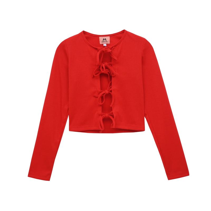 Áo Khoác Cardigan Nữ Tay Dài Croptop Cột Nơ Xinh Xắn Màu Đỏ Giáng Sinh -Tết - Monstier Classic Bow Top 0