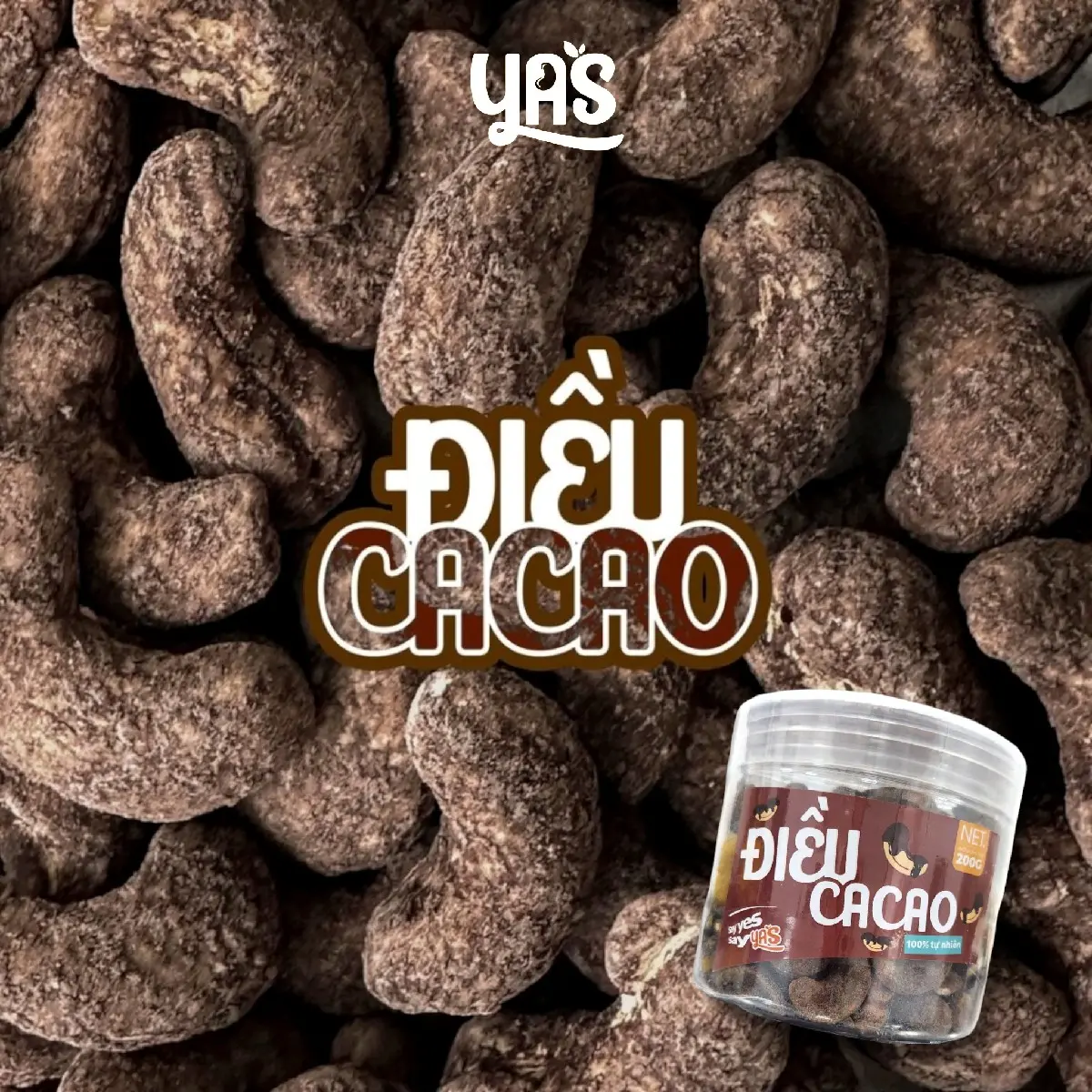 Hạt điều Cacao YAS hũ 200g điều cao cấp, vị mới lạ làm đồ ăn vặt Snack Food Nuts Thức Ăn Socola hạtđiều 7vị