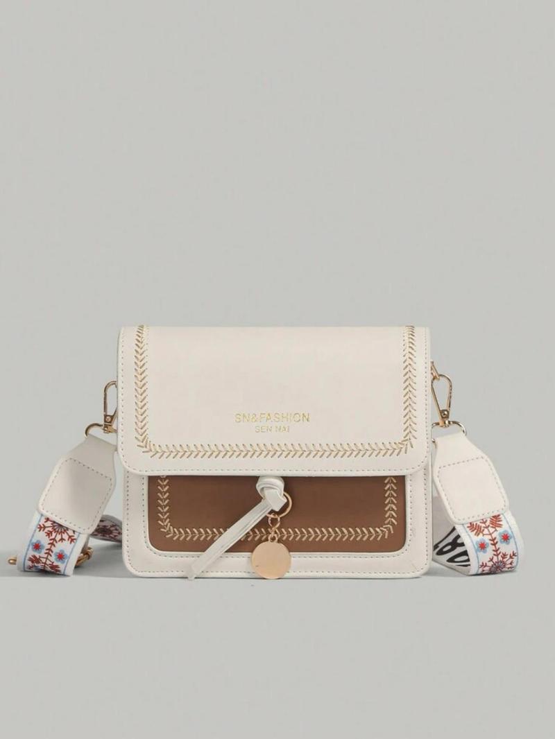 Product Introduction of Fashionable Colorblock Embroidering Design Crossbody Bag, Casual Versatile Patched Design Purse Bag for Women, Trendy High-quality Daily Commuting Bag, Purse 4