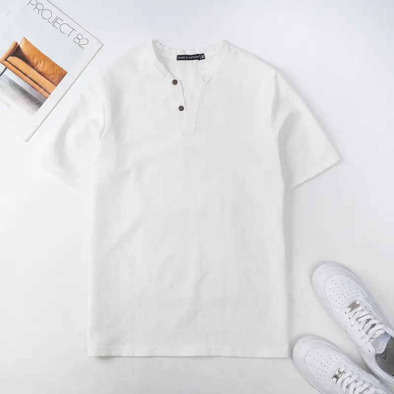 Áo Đũi Nam Cổ V Tay Ngắn Chất Liệu Đũi Mềm Mịn Mát Nhẹ Thoáng Mặc Như Không Mặc Menswear Cổ Tròn Sơ Mi Đen 5