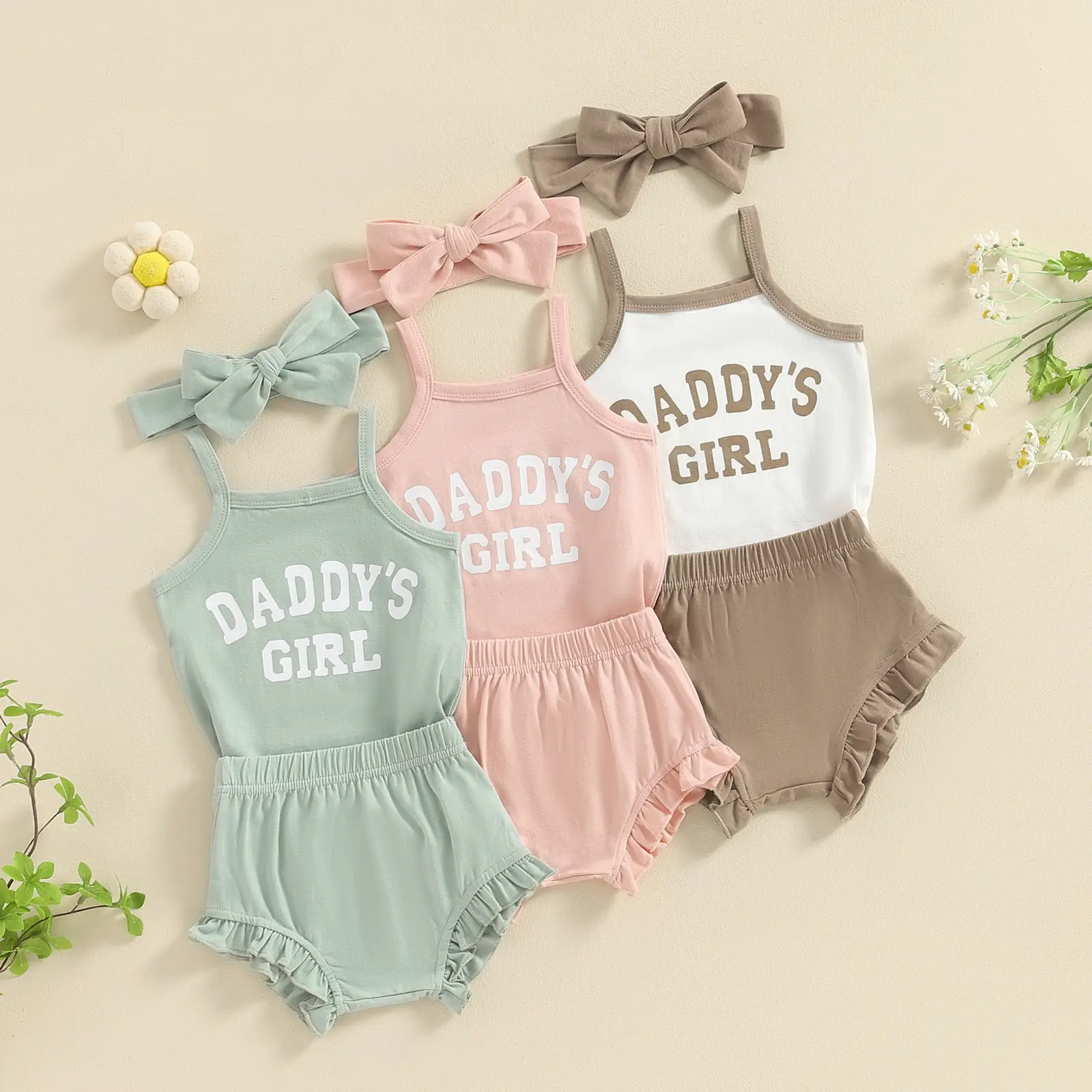 Baby Girl Summer Outfits Letter Print Spaghetti Strap Sleeveless Rompers Solid Color Shorts Headband 3Pcs Clothes Set