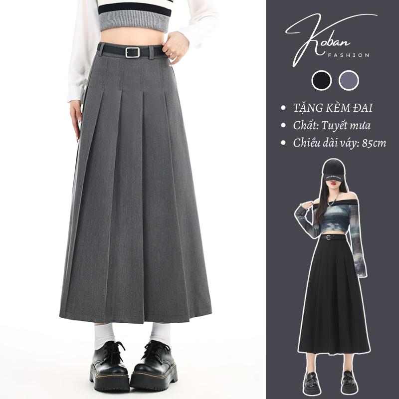   KA01 - TẶNG ĐAI  Chân váy dáng dài midi xếp ly KOBAN đi làm đi chơi phong cách ulzzang douyin cạp cao màu đen ghi Nữ Women Kem 