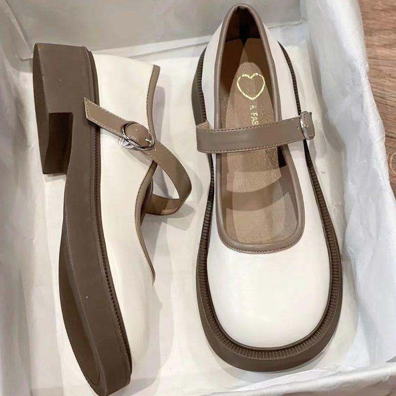 Fashionable Thick-Soled Mary Jane Leather Shoes 2024 Soft-Soled Buckle Retro Low-Cut Chunky Heel Shoes with Single-Layer Shoes 6