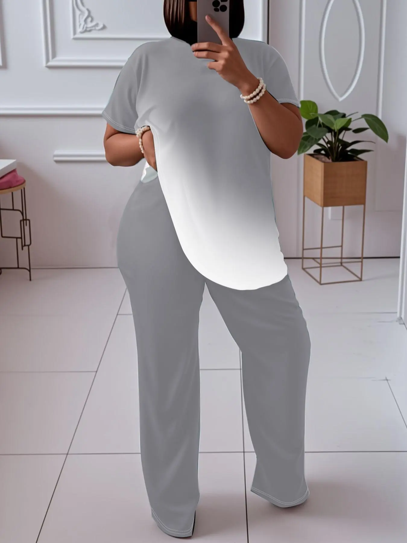 【Plus Size】 Ombre Print Tee & Straight Leg Pants Set, Elegant Casual Round Neck Short Sleeve T-shirt & Trousers, Women's for Spring & Fall