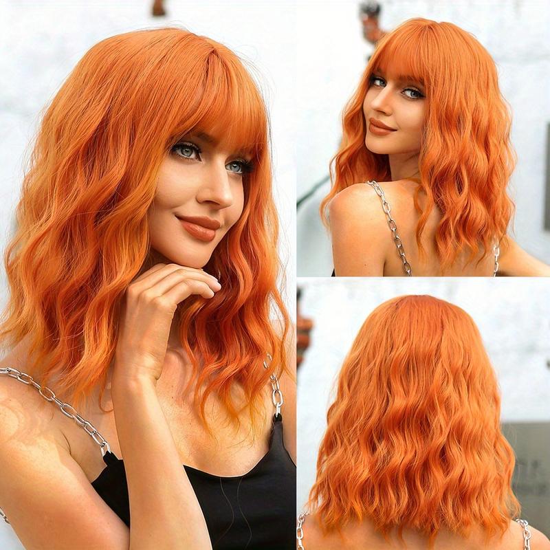 14 Inches Long Curly Orange Wigs with Bangs Synthetic Wigs Women'S Wigs for Daily or Cosplay Use 3