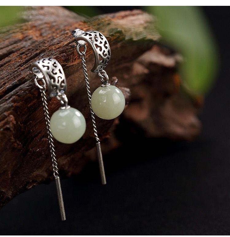 Product Introduction of Ladies green long section Chinese style natural Hetian white jade inlaid round bead earrings exquisite fashion jewelry 3