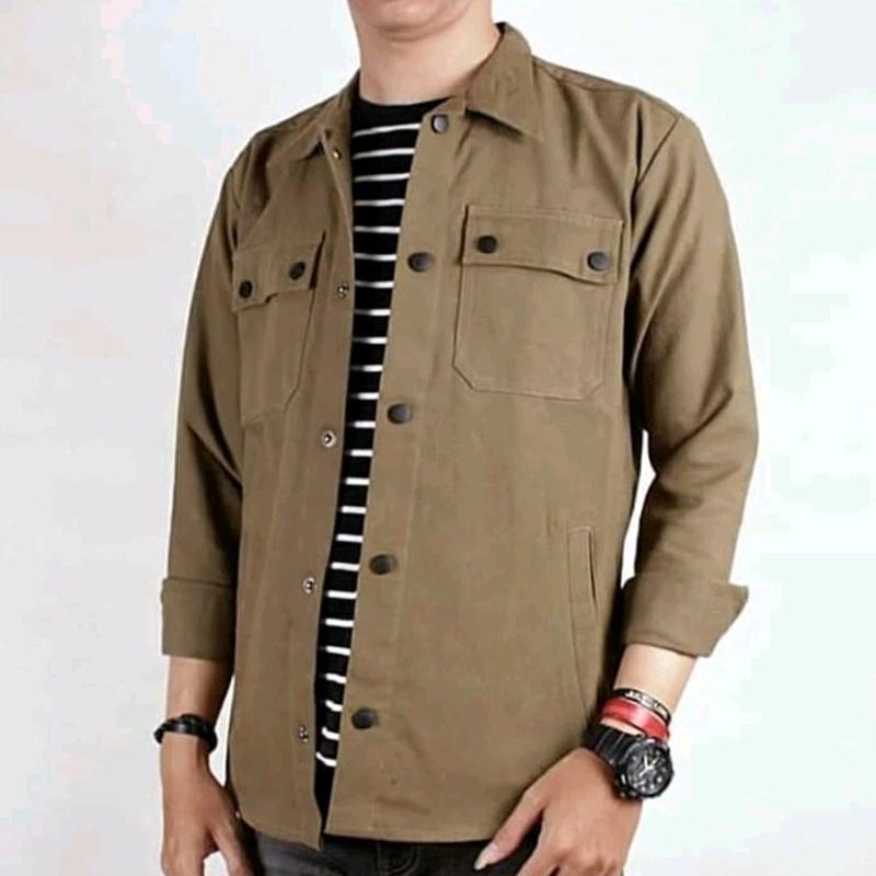 Jaket Semi Parka Casual Trucker Canvas Pria Mewah dan keren Army Hijau Maroon Mustard Hitam Biru Merah Navy Panjang Muda Kancing 4