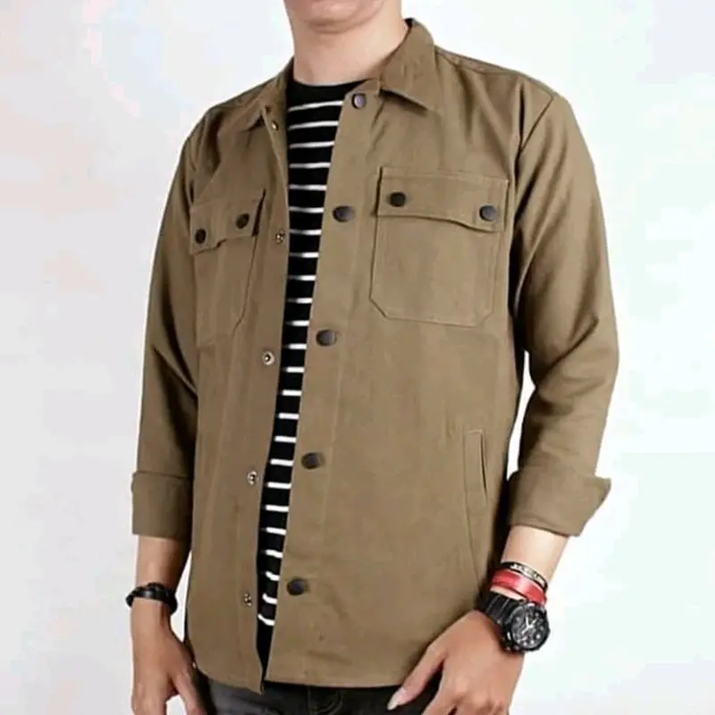Jaket Semi Parka Casual Trucker Canvas Pria Mewah dan keren Army Hijau Maroon Mustard Hitam Biru Merah Navy Panjang Muda Kancing 4