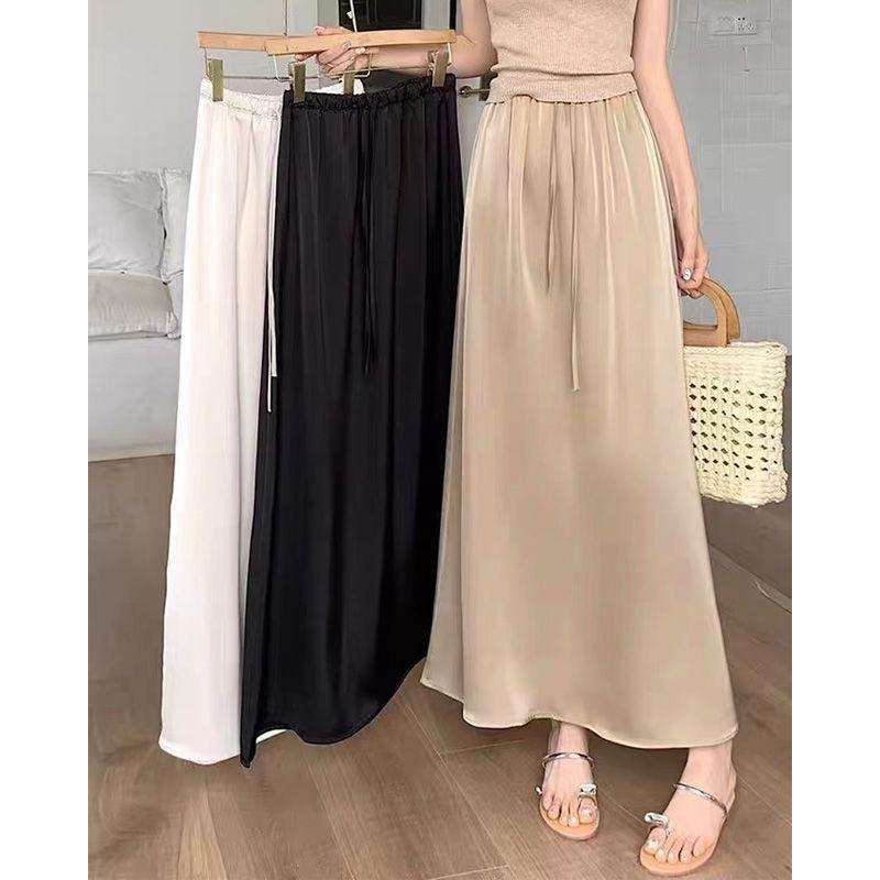 Chân Váy Maxi, Chất Liệu Acetate Và Lụa Lạnh Satin, Váy Hẹp Mùa Hè, Cạp Cao, Thiết Kế Mới, Bó Sát, Xếp Ly, Thanh Lịch, Váy Ô xòe Lớn 0