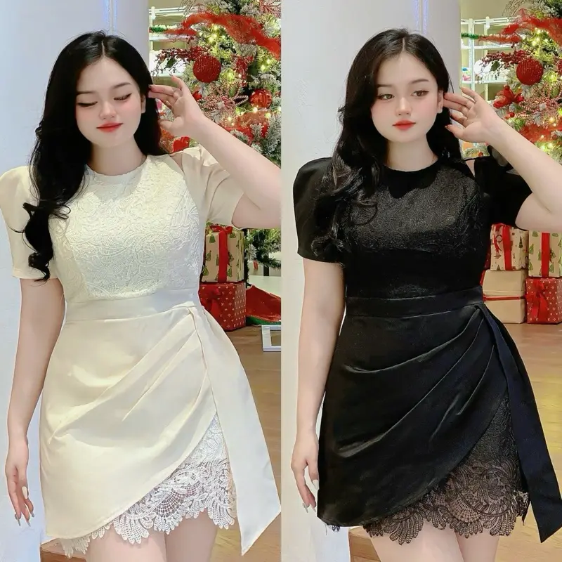 Đầm phối ren 2 màu đen kem bigsize 55-90 ký màu đen kem