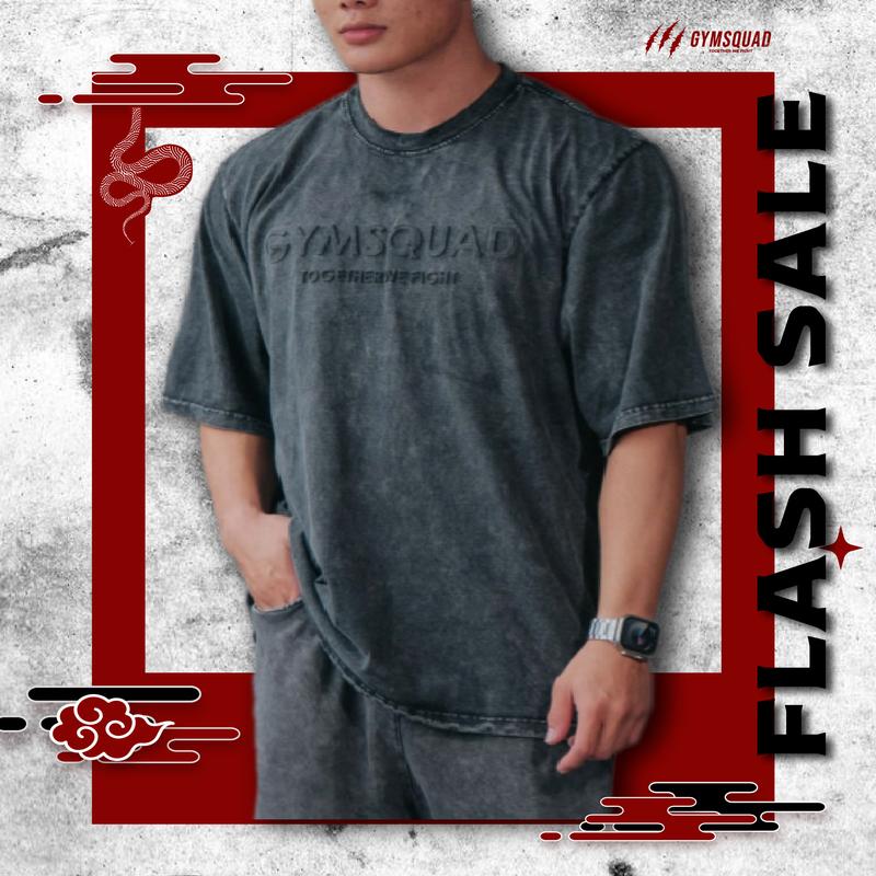 Áo Oversize Cotton Wash Khói Thể Thao GYMSQUAD - Vải Cotton Men Sport Áo thun Cổ Tròn Menswear Xám Khói
