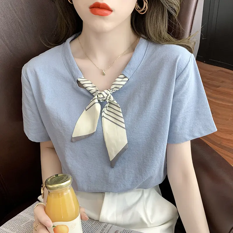 Áo Thun Cotton Ngắn Tay Thời Trang, Phong Cách Phương Tây Dễ Phối Đồ, Thiết Kế Nơ, Áo Thích Hợp, Dành Cho Mùa Hè Của Phụ Nữ, Thiết Kế Đẹp, Thời Trang, Hàng Mới Về Năm 2024