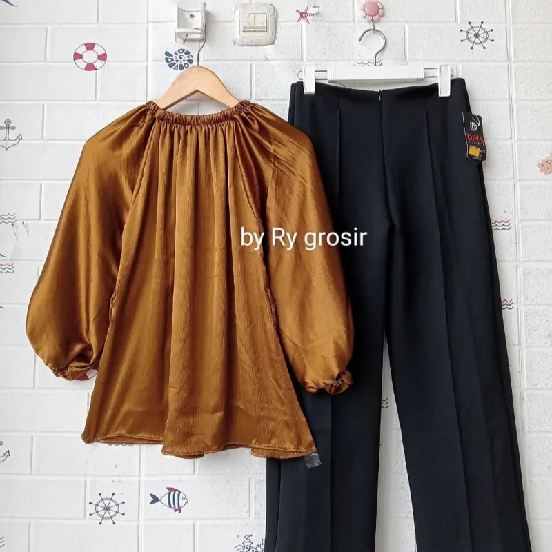 Setelan Wanita Naila Blouse Shimmer Celana scuba Panjang 7