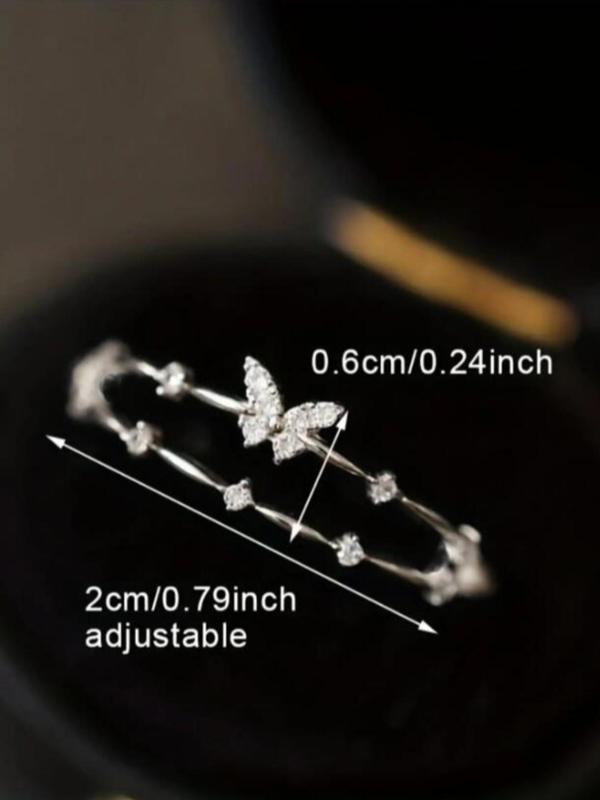 Women's Double-layered Artificial Zircon & Butterfly Design Adjustable Ring Without Box, Elegant Fashion Accessories for Women & Girls Party Wedding Gift 5