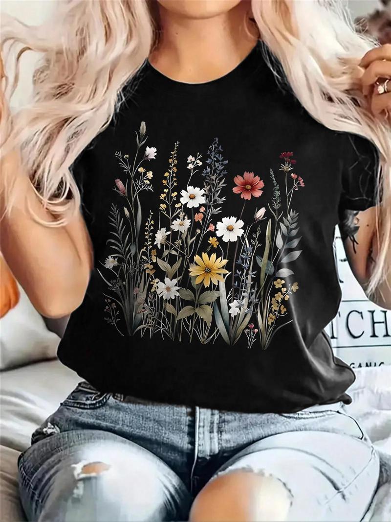 Product Introduction of Women's Floral Print Round Neck Tee, Casual Drop Shoulder Short Sleeve T-shirt, Ladies Summer Clothes, Tops for Women, Clothing 7