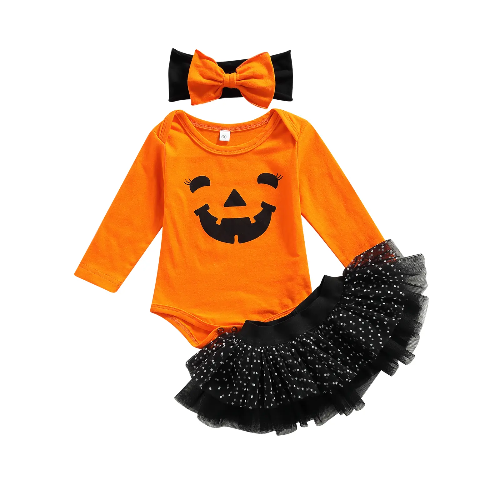 Trang Phục Halloween Cho Em Bé Bộ 3 Món, Áo Liền Quần Bí Ngô, Váy Tutu, Băng Đô