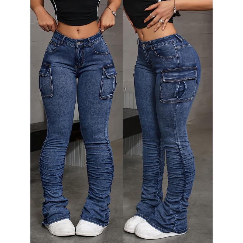 Side Ruffle Jeans Retro style grids dark blue skinny jeans, side pleat design, - TikTok Shop