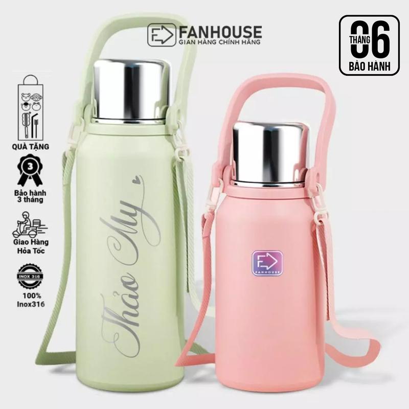 Bình giữ nhiệt Warmy cao cấp inox 316 dung tích 1-1.5L nắp tách thành cốc uống Fan House khắc tên theo yêu cầu