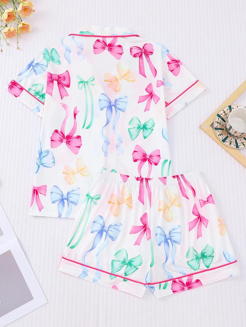 Product Introduction of Women's All Over Print Pajama Set, Casual Comfy Short Sleeve Lapel Neckline Pocket Shirt & Shorts PJ Set, Ladies Summer Sleepwear 8