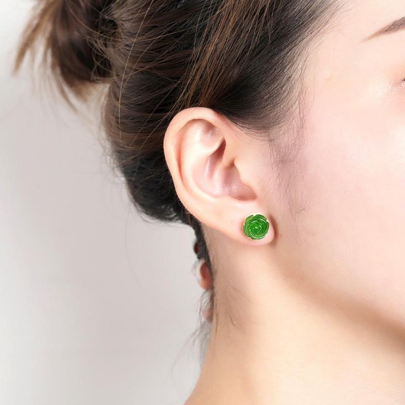 Bông Tai Đinh tán Hoa Hồng Ngọc Lục Bảo Ngọc Bích Hòa Điền Hoa Tai Ngọc Bích Xanh Cho Nữ, Bạc Sterling 925, Phong Cách Cổ Điển 2