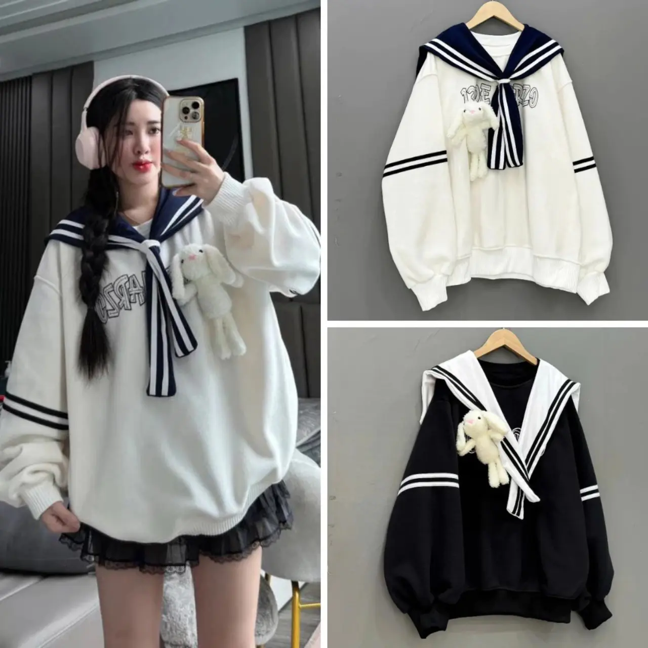 Áo nỉ sweater thủy thủ kèm gấu bông trẻ trung năng động