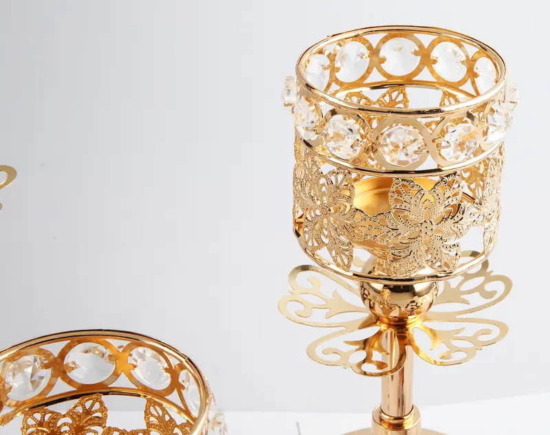 Tempat lilinnya 3 Height Liontin Kristal Candle Holder Golden Crystal Tea Light  Sparklers Wedding Candelabra Wedding Table Kokoh n Cantik Elegan Retro Stability Wedding Gold Lilin 2