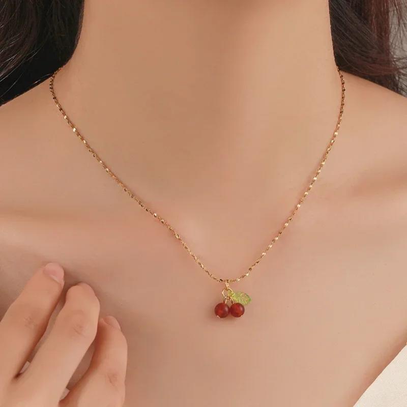 Stainless Steel Cherry Necklace, Cute Bead Pendant Necklace, Ladies' Wedding Jewelry, Birthday Gift Necklace 8