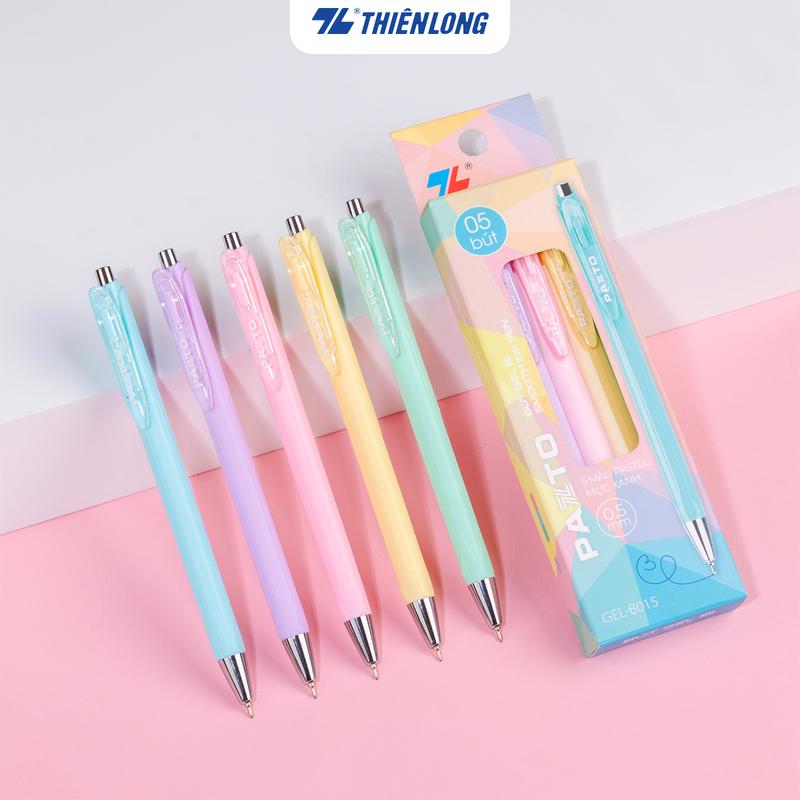 Hộp 5 Bút gel bi Pazto Thiên Long Smooth Ink Pen ngòi 0.5mm - Mực xanh viết trơn êm, thân bút 5 màu tone pastel GEL-B015