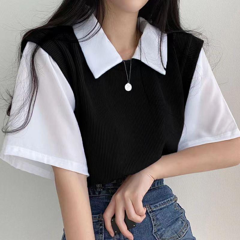 Product Introduction of Áo Phông Ngắn Tay, Phong Cách Preppy, Ve Áo Polo Mùa Hè, Hai Mảnh Giả, Màu Tương Phản, Dáng Rộng Vừa Vặn, Áo dễ phối đồ Đi Chơi Dành Cho Nữ, Phong Cách Ins 1