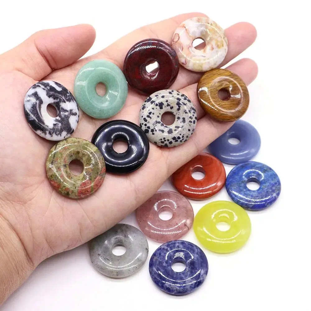 30MM Circle Donut Necklace Pendant Natural Stone Healing Crystals Quartz Agate Chakra Lucky Coin Bead for Women Men Jewelry