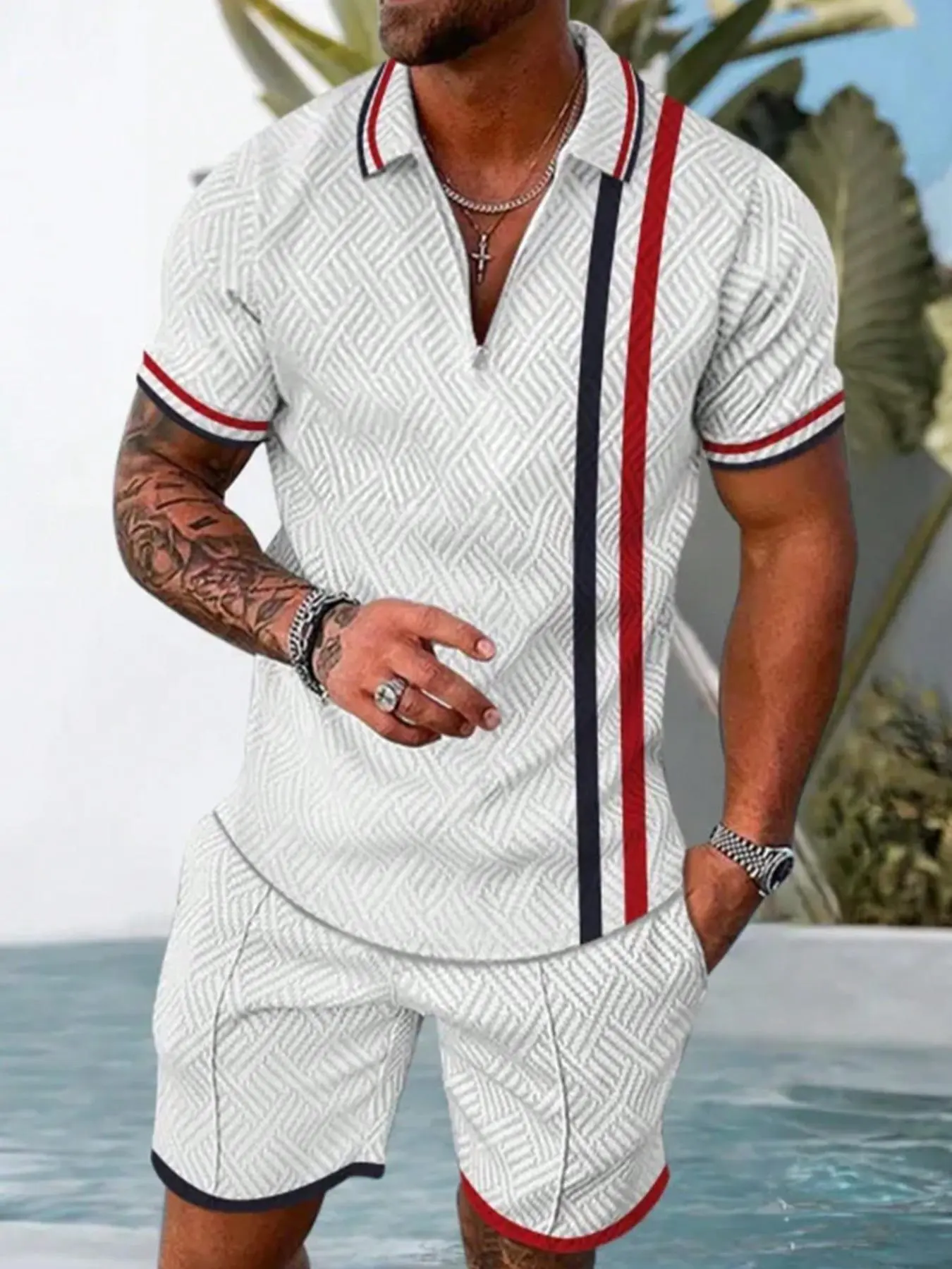 Men's Regular Fit Geometric Print Short Sleeve Polo Shirt & Shorts Two-Piece Set, Casual Fashion Cozy Breathable Men Two-Piece for Summer Beach Vacation, Mens Clothes Set
