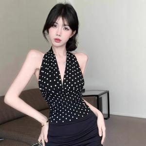 เสื้อกั๊กเชือกแขวนคอ ลายจุดสีดำ สไตล์อเมริกัน คอวี สำหรับผู้หญิง แจ๊กเก็ตฤดูร้อน ทรงสลิมฟิต สไตล์น่ารักและเซ็กซี่ เสื้อแขนกุดเปลือยหลัง สาวฮอต