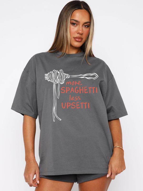Women's Letter & Spaghetti Print Round Neck Tee, Casual Slogan Graphic Short Sleeve T-Shirt for Summer, Ladies Clothes for Daily Wear, Top 3