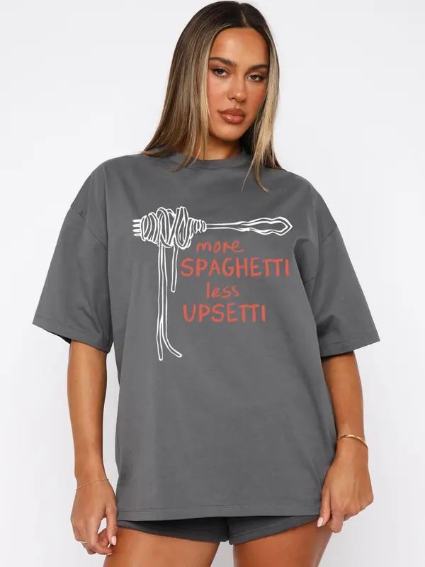 Women's Letter & Spaghetti Print Round Neck Tee, Casual Slogan Graphic Short Sleeve T-Shirt for Summer, Ladies Clothes for Daily Wear, Top 3