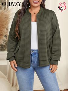 CURVZY Plus Size Solid Textured Zip Up Baseball Collar Jacket, Casual Long Sleeve Button Pocket Outerwear for Spring & Fall, Women's Clothes for Daily Wear