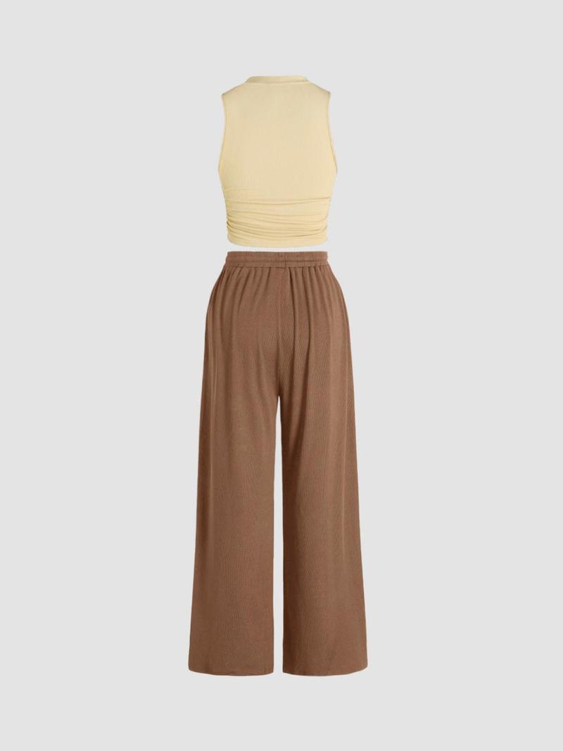 Product Introduction of Two-piece Set Women's Ruched Tank Top & Drawstring Waist Pants Ribbed Set, Summer Sets, Casual Sleeveless Top & Wide Leg Trousers, Co-ords Set, Ladies Clothes for Daily Travel Wear, Modest Outfits, Workwear for Women 9