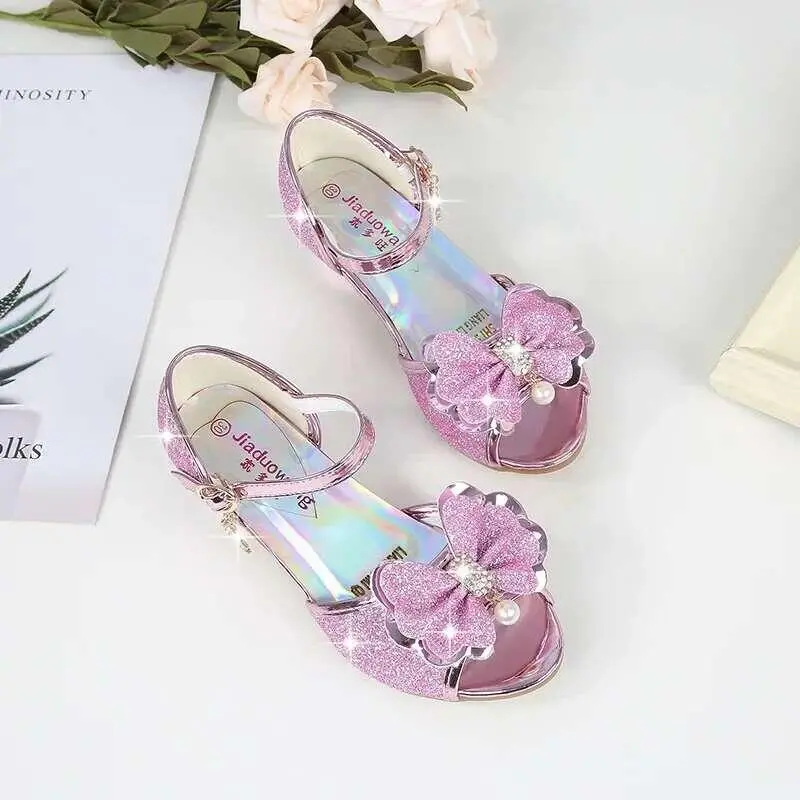 Princess Kids Leather Glitter High Heel Shoes Butterfly Knot Casual Blue Pink Party Shoes for Girls Children
