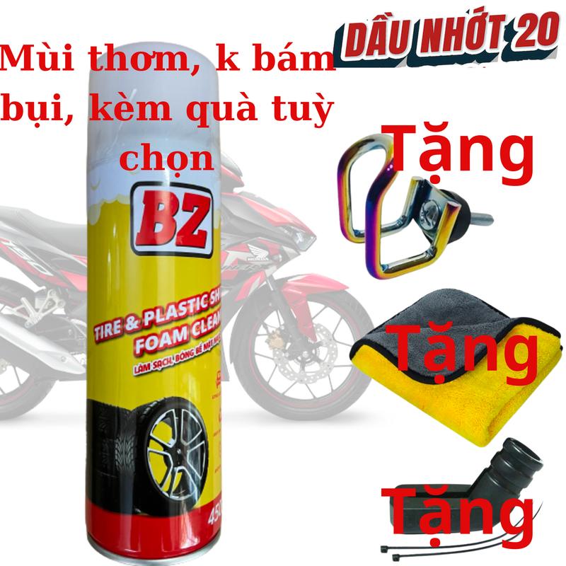 [BZ Nhám] Combo chai xịt phục hồi nhựa nhám BZ, Cam kết không bám bụi mùi thơm nhẹ tặng kèm khăn vàng xám, móc treo titan, bọc chân chống xe