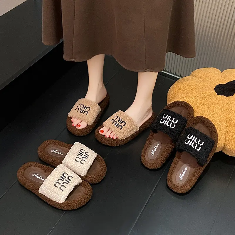 Dép Lông Nữ 3Cm Thuê Chữ MinMin Và Lông Báo Mẫu Mới Lót Lông Cừu Êm Chân Chống Trượt  Mùa Đông (Hàng QCCC)