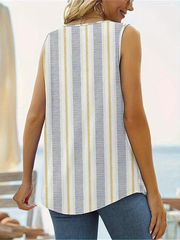 Plus Size Floral & Chevron Print Plicated Tank Top, Casual Square Neck Sleeveless Top for Summer, Women's Plus Clothing for Daily Wear 9