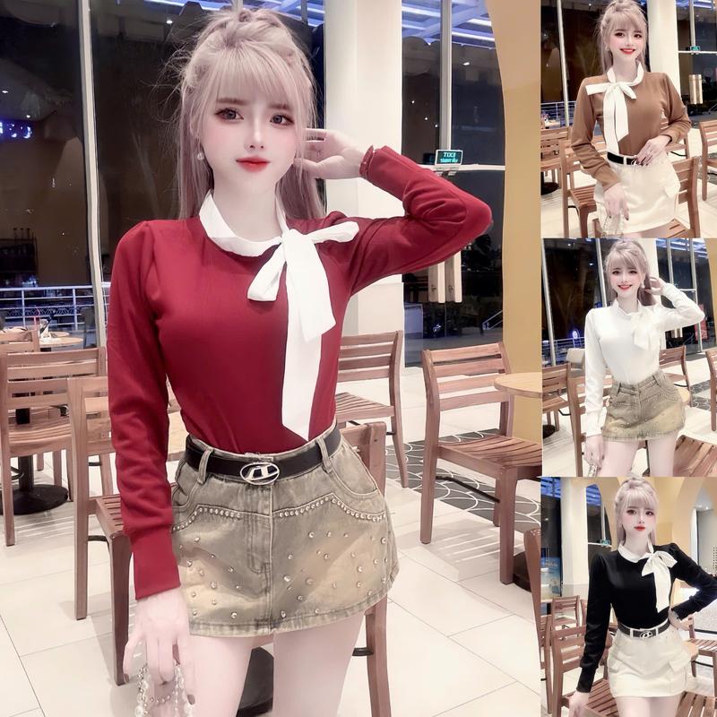 Áo len tăm cổ nơ tiểu thư phong cách Hàn Quốc, áo thu đông nữ